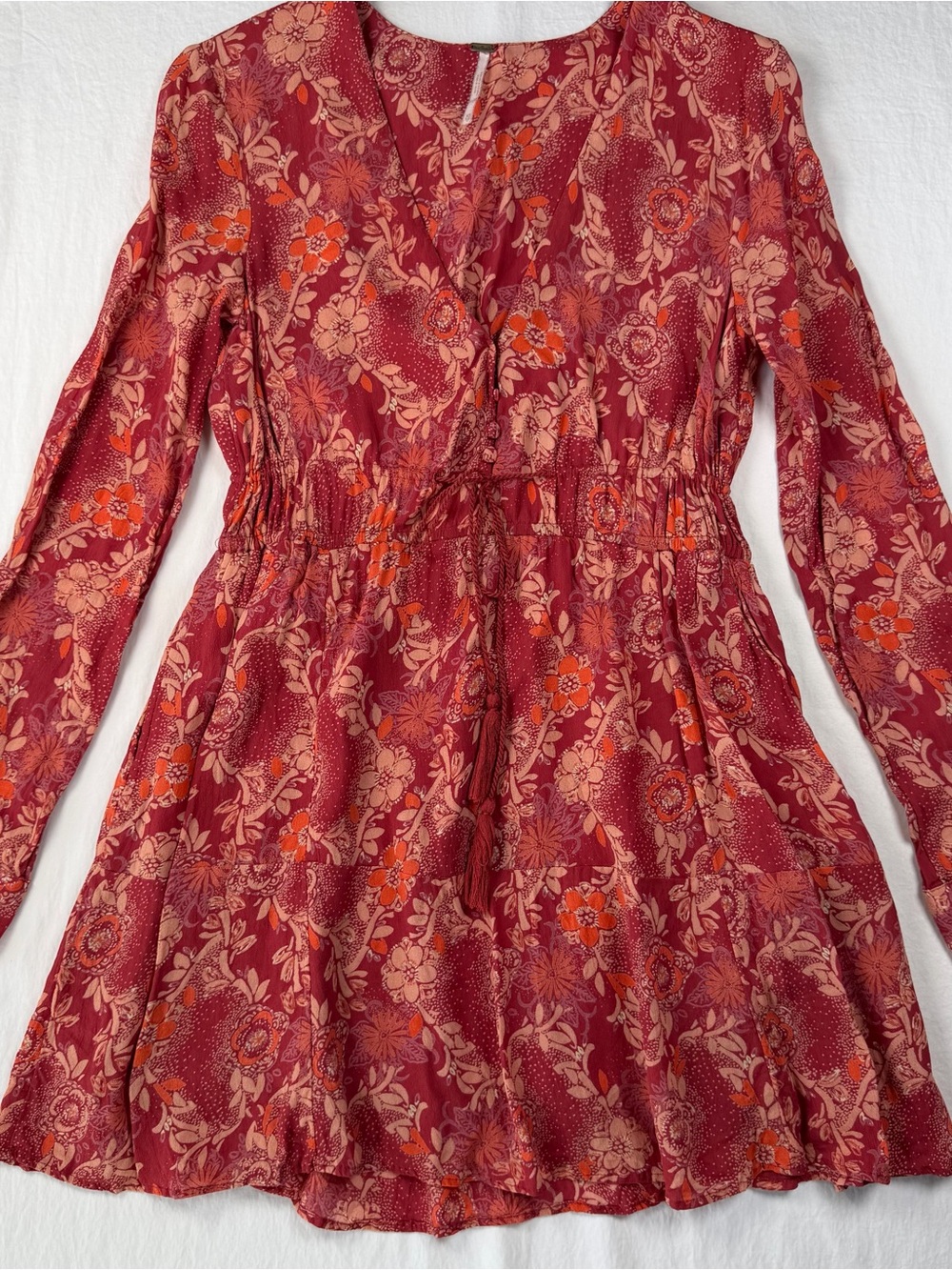 Free People Floral Mini Dress XS Burgundy Rust Long Sleeve Drawstring Boho